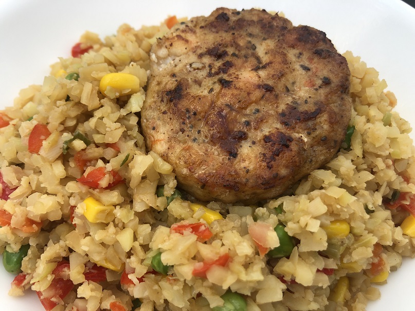 Stir Fry Cauliflower Rice with Shrimp Burger